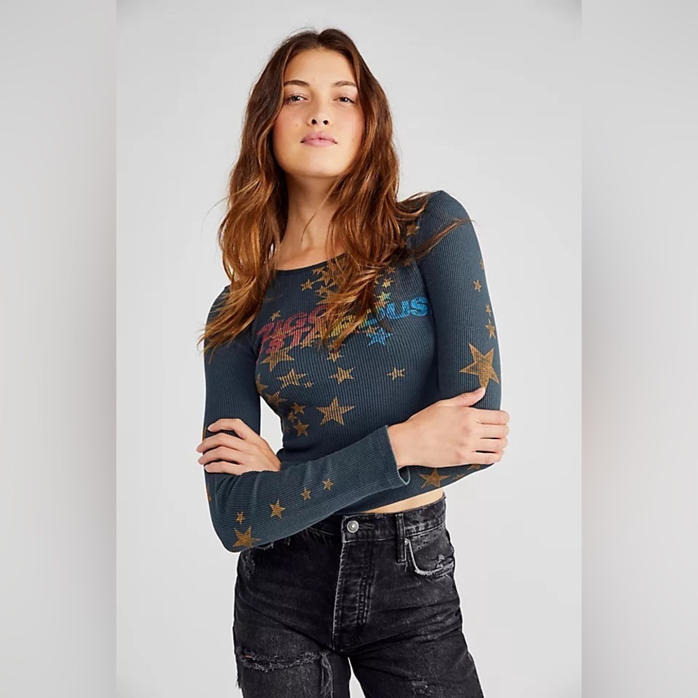 Daydreamer Dark Teal Ribbed Long Sleeve Star Print Crop Top